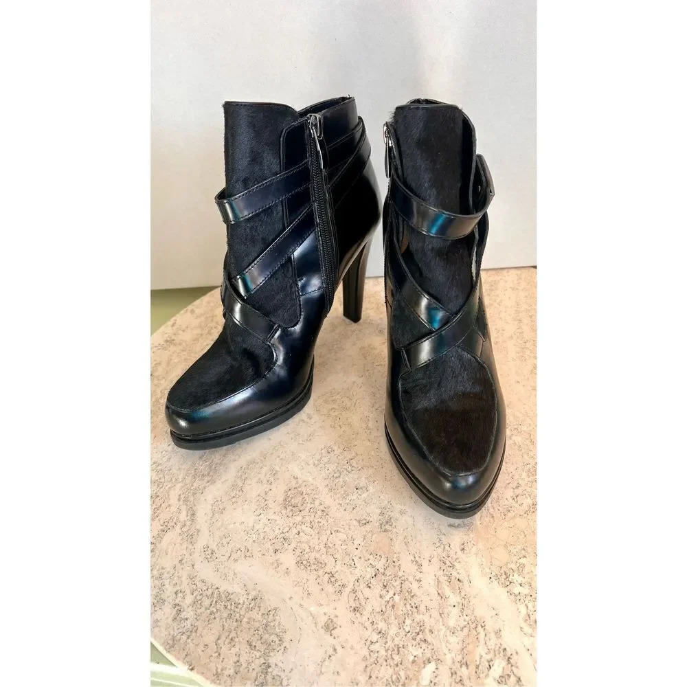 French Connection Women’s 38 US 8 Black Leather Ankle Boots Booties Heeled
